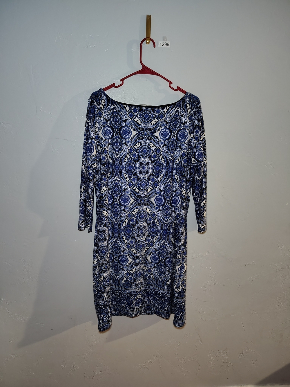 Larry Levine Navy and White Long Sleeve Printed Midi Dress
